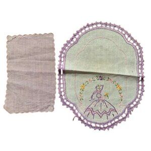 Vintage Embroidered Linen Doily Set Crocheted Edge Lady Design 8"x11" & 5"x7.5"